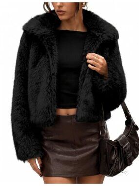 Two-Tone Faux Fur Cropped Jacket Fluffy Warm Fall Winter Coat